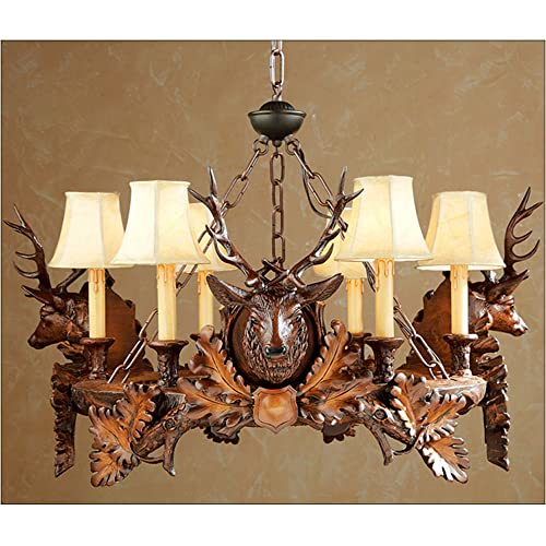 RAGGZZ 6-Lights American Country Resin Hall Hanging Lamp Retro Fabric Deer Head Chandelier E27 Wrought Iron Light for Living Room Study Villa Restaurant Cbar