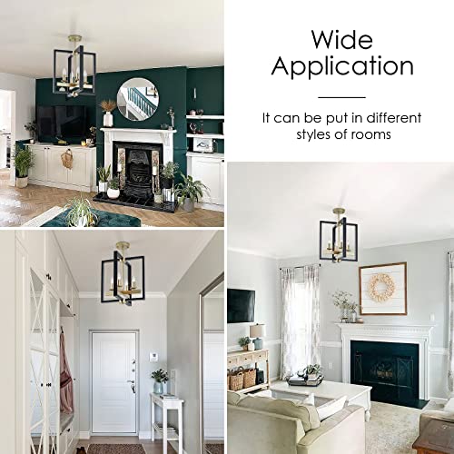 Industrial Lantern Chandelier, 4-Light Modern Geometric Semi Flush Mount Ceiling Light Fixture, Black & Champagne Gold Farmhouse Pendant Lighting Fixtures for Living Room Kitchen Island Hallway Foyer