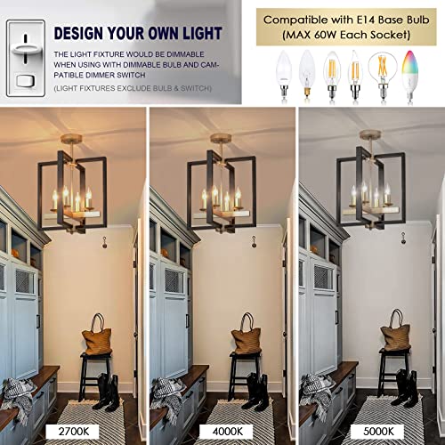 Industrial Lantern Chandelier, 4-Light Modern Geometric Semi Flush Mount Ceiling Light Fixture, Black & Champagne Gold Farmhouse Pendant Lighting Fixtures for Living Room Kitchen Island Hallway Foyer
