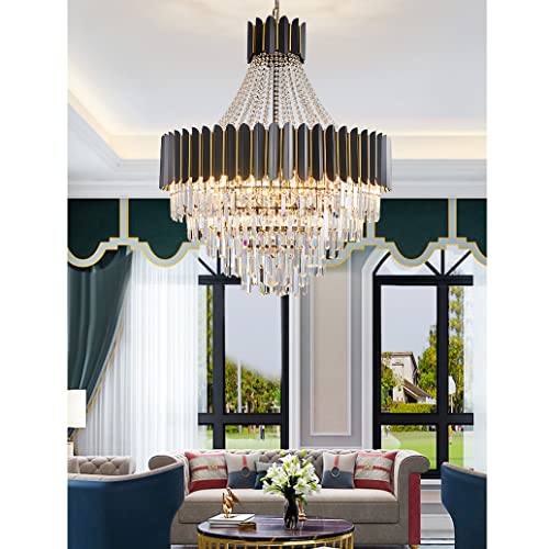 LENZRITE Black Modern Crystal Chandelier Dining Room丨Round Glass Prism Chandeliers Living Room丨Ceiling Light Fixture For Foyer Bathroom Bedroom, Entryway丨E14 Hanging Chandelier Light Fixtures