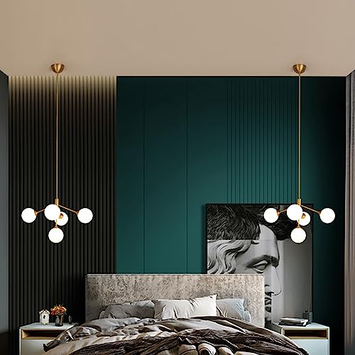 ISSPTYB Brass 5 Lights Gold Globe Pendant Light Glass Ball Chandelier for Living Room Dining Room Linear Pendant Lamp Sputnik Bubble Hanging Ceiling Lighting for Kitchen Island Bedroom Farmhouse