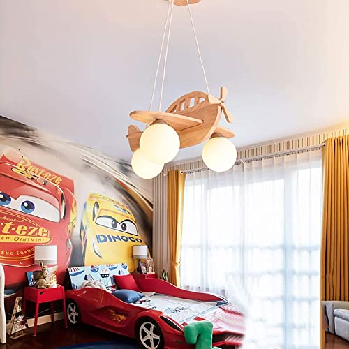 HvKvHvY 3-Light Airplane Ceiling Hanging Lamp LED Kids Pendant Lights for Bedroom Boy Eye-Protection Wood Chandelier with White Globe Large Pendant Light for Girls Bedroom Boy Children Bedroom