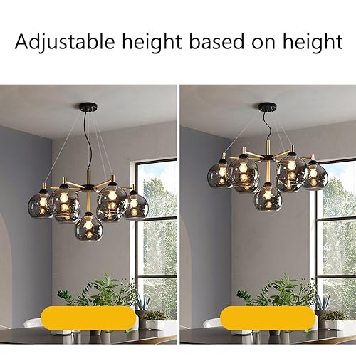 ISSPTYB Mid Century Glass Bubble Round Chandelier 5-Light Black Gold Sputnik Ceiling Pendant Light Farmhouse Gray Amber Ball Industrial Hanging Lamp for Dining Room Kitchen Living Room Bedroom