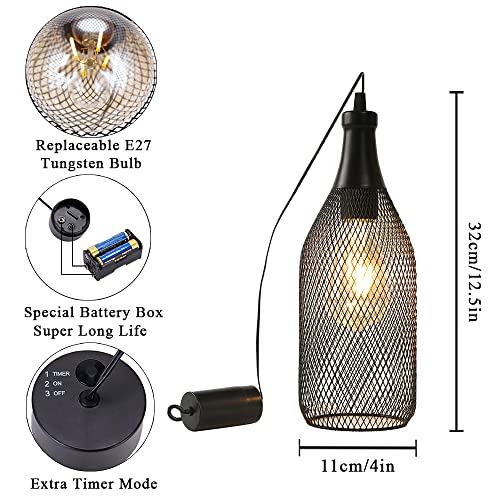 JHY DESIGN Pendant Lamp Battery Powered with 6-Hour Timer, Decorative Hanging Lamp Metal Cage Industrial Retro Light Battery Lamp for Bar Home Bedroom Coffee Hallway Pathway Balcony Xmas Gift