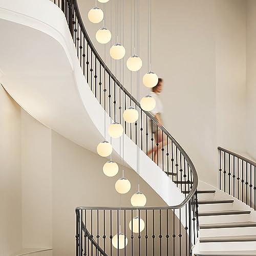 RAGGZZ 15 Glass Balls Staircase Chandelier Long Light White Milk Glass Bubble Chandelier Chrome Farmhouse Gold Ceiling Large Hanging Chandelier for Living Room Foyer Hallway Entryway/Chrome/Tricolor D