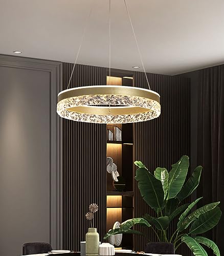 Bellastein LED Pendant Light New Modern High End Restaurant Pendant Light Ring Chandelier with Crystal Shape Acrylic Dimmable Remote Control Adjustable Round Ceiling Lamp (Gold)