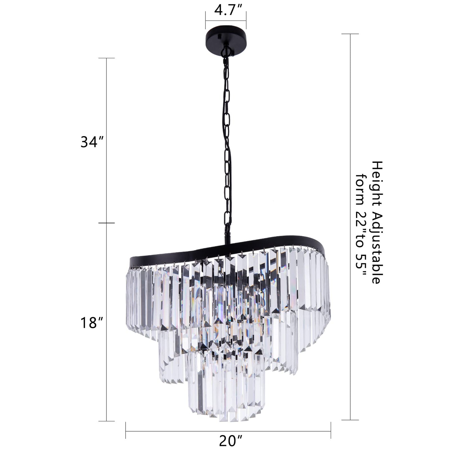 Wellmet Black Modern Crystal Chandelier, 5-Light Adjustable Hanging Ceiling Pendant Light Fixture for Living Room, 20in Chandelier for Dining Room, Bedroom, Foyer, Hallway, Entryway (Black, 20 in)