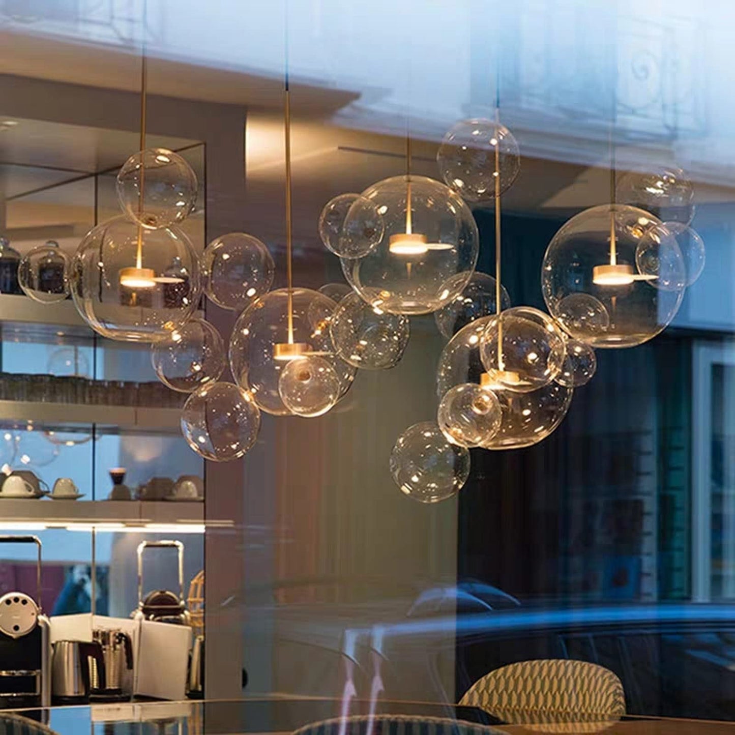 MORATER Nordic Restaurant Bubble Ball LED Bubble Glass Chandelier Bar Window Gallery Living Room Light Creative Glass Magic Bean Molecular Chandelier (3 Lights 15 Balls (Long Plate))