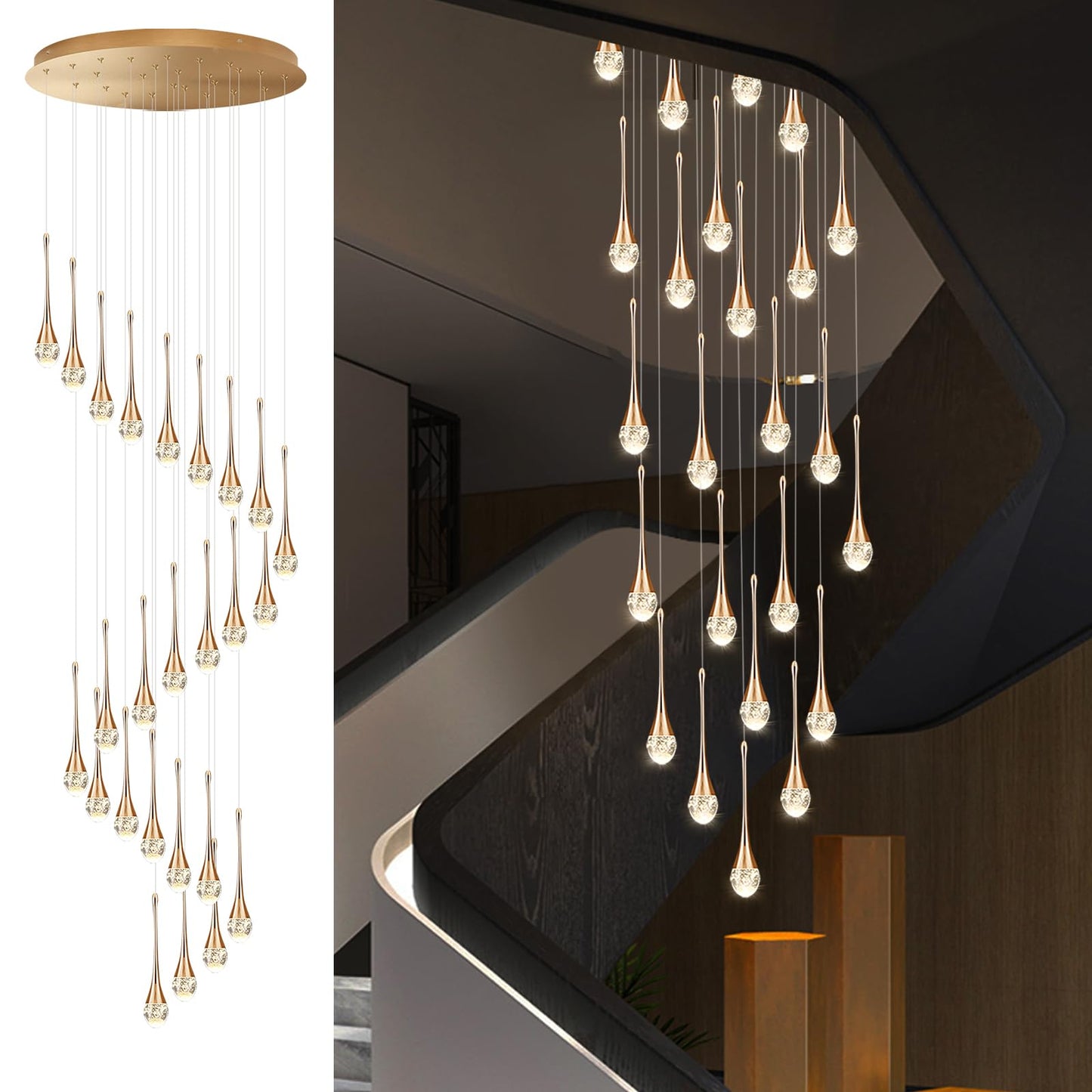 Kzuaksbe modern long Staircase crystal chandelier,Ceiling Lights Adjustable large water droplet chandelier suitable for staircases, duplex villas, etc (25 lights)