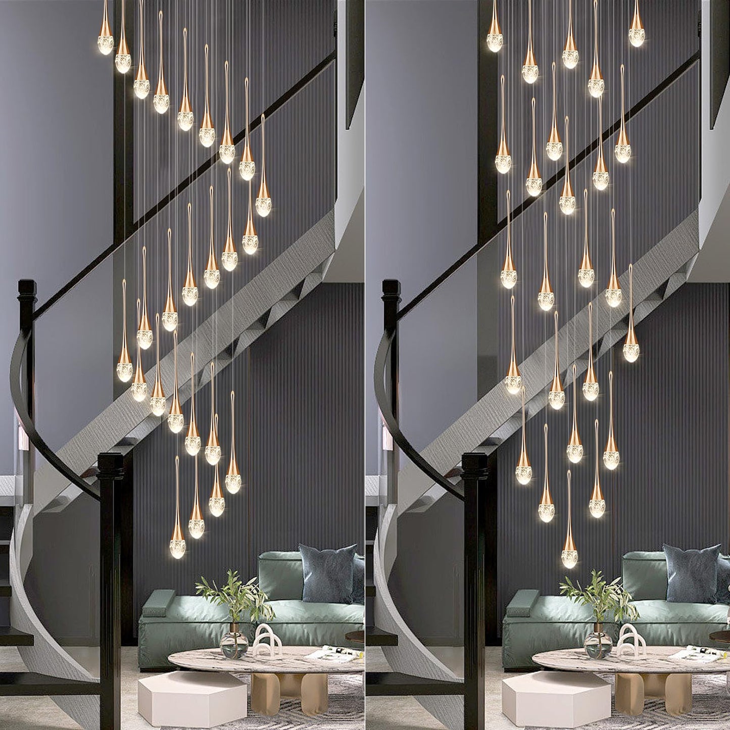 Kzuaksbe modern long Staircase crystal chandelier,Ceiling Lights Adjustable large water droplet chandelier suitable for staircases, duplex villas, etc (25 lights)