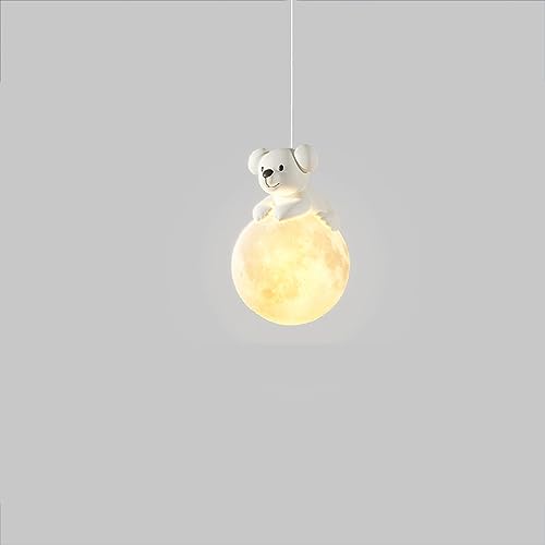 RAGGZZ White Light Kids Room 3D Printing Moon Globe Hanging Ceiling Light Fixture 3-Light Cartoon Cute Bear Led Chandelier for Children Room Boy Girls Bedroom Bedside, 3000K Warm Light/Single