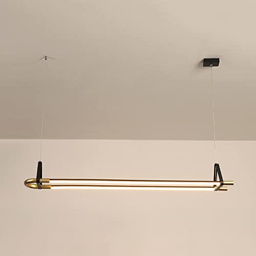AOLEYE Contemporary Metal Long Strip Pendant Light LED Tri-Color Dimmable Ceiling Hanging Lamp Modern Minimalist Chandelier for Home Living Room Dining Table Kitchen Island