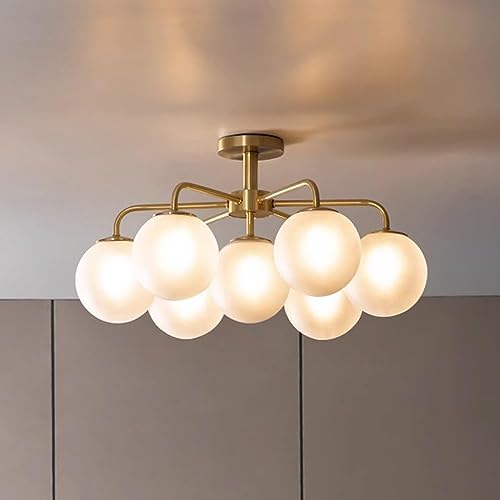 ISSPTYB 7 Light Modern Brass Gold Ceiling Light with Globe Frosted Glass Vintage Antique Semi Flush Mount Ceiling Light Fixture White Ball Bubble Chandelier for Dining Room Living Room Bedroom