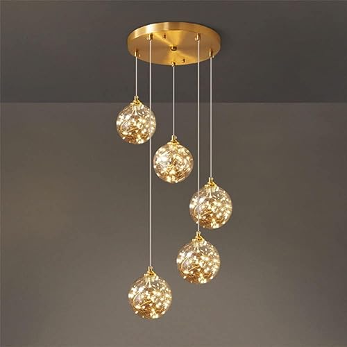 ISSPTYB 5 Light Long Globe Chandelier Bubble Balls Firework Glass Pendant Light Gold Foyer Chandeliers for High Ceilings Entryway Staircase Dining LED Chandelier for Kitchen Island Bedroom