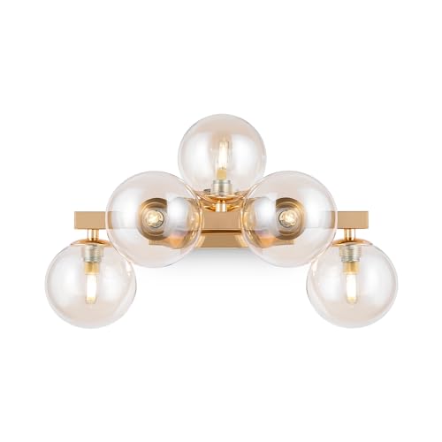 MAYTONI DECORATIVE LIGHTING Modern Wall Light, Multi arm, Unusual & Unique, Loft Industrial Design, Metal Gold Frame, 5 Yellow Toned Glass lampshades, 5 Lights G9 28W 220-240V, Bulbs not Included
