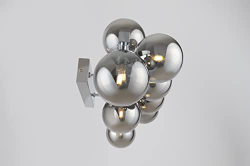 Modern Wall Light, Multi arm, Unusual & Unique, Loft Industrial Design, Metal Silver Frame, 9 Grey Toned Glass lampshades, 9 Lights G9 28W 220-240V, Bulbs not Included
