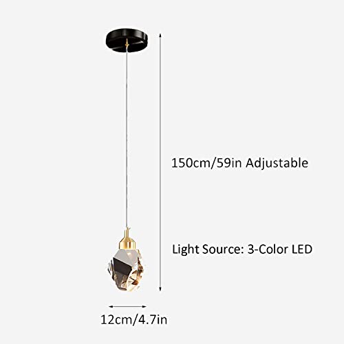 Modern Crystal Pendant Light, 3-Color LED Crystal Pendant Light, Adjustable Height Gold Ceiling Hanging Pendant Lamp, for Kitchen Island Bedroom Dining Room (Black)