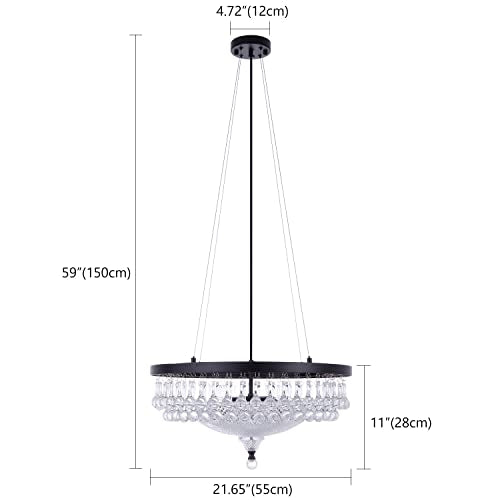 Wellmet Modern Black Crystal Chandelier, Drum 4-Light Crystal Droplet Chandelier Lighting Fixture for Living Room, Foyer, Kitchen, Dining Room, Bedroom 21.65''W