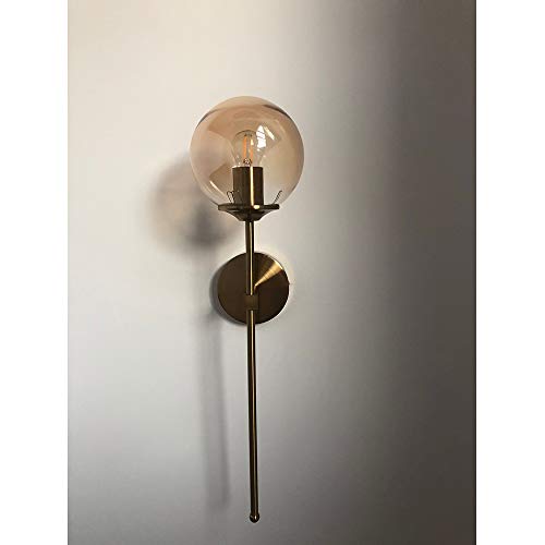 MZStech Vintage Industrial Wall Mounted Sconce, Amber Glass Globe with Long Arm Gold Wall Lamp,Golden Wall Light for Bedside (Amber)