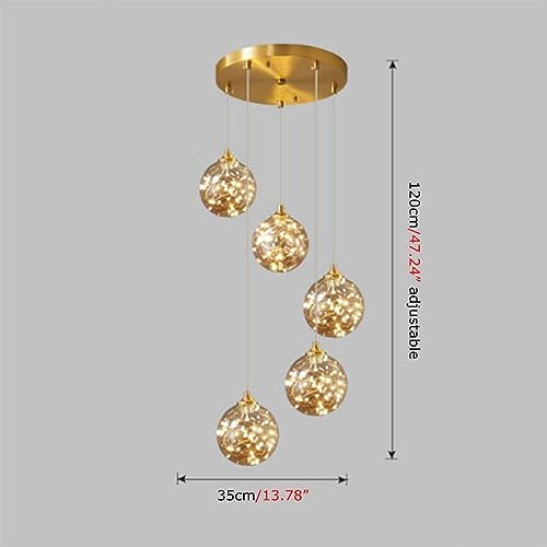 RAGGZZ 5 Light Long Globe Chandelier Bubble Balls Firework Glass Light Gold Foyer Chandeliers for High Ceilings Entryway Staircase Dining Led Chandelier for Kitchen Island Bedroom/Tricolor Light