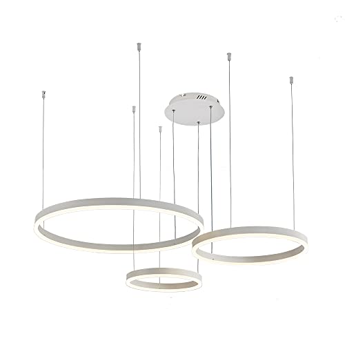 STARRYOL Modern LED Pendant Light, 3 Rings White Paint Collection, Adjustable Pendant Light Modern Ceiling Chandelier, Dimmable 2700K - 6500K, with Remote Control 78W