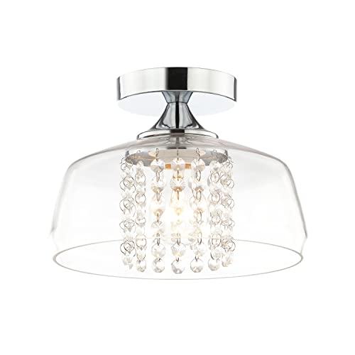 Happy Homewares Modern Designer Polished Chrome IP44 Rated Bathroom Ceiling Light Fitting with Strings of Transparent Acrylic Beads | 16cm x 23cm | 1 x E27 60w Maximum