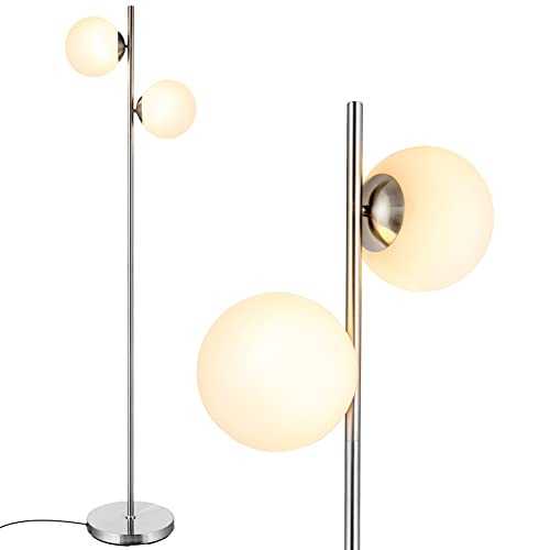 GiantexUK Glass Globe Floor Lamp, Metal Pole Standing Light with 2 LED Bulbs & Foot Switch, Modern Tall Reading Lamp for Home Bedroom Office Living Room, Silver