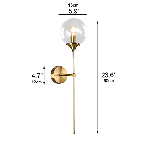 RENKTE Modern Minimalist Wall Sconce Light, 15cm Glass Ball Lamp Shade and Aluminium Support Lamp for Bedroom and Hallway (Transparent)