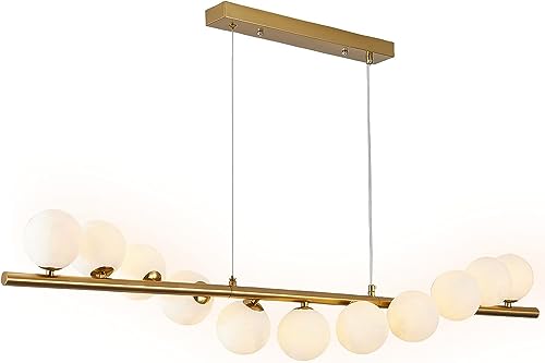 RAGGZZ 11 Lights Mid-Century Modern Glass Globe Linear Chandelier 47" Dining Room Light Fixtures Over Table 3D Printing Bubble Ball Gold Ceiling Light for Kitchen Bedroom Living Room