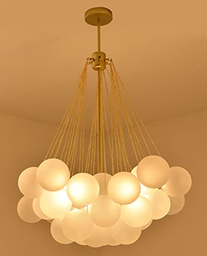 PPWW - 3 Color Light Mid-Century Bubble Chandelier, Gold Finish Glass Pendant Light Fixture for Dining Room Living Room, 37 Balls