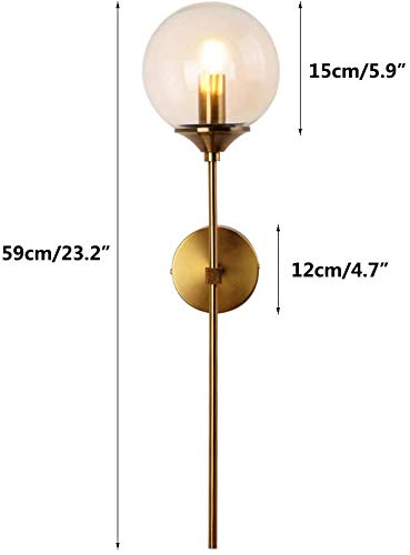 MZStech Vintage Industrial Wall Mounted Sconce, Amber Glass Globe with Long Arm Gold Wall Lamp,Golden Wall Light for Bedside (Amber)
