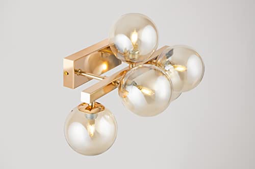 MAYTONI DECORATIVE LIGHTING Modern Wall Light, Multi arm, Unusual & Unique, Loft Industrial Design, Metal Gold Frame, 5 Yellow Toned Glass lampshades, 5 Lights G9 28W 220-240V, Bulbs not Included