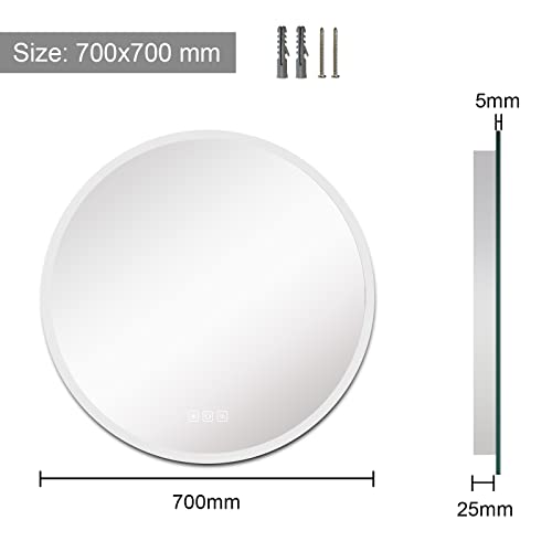 furduzz IL-03-70 700mm Round Bathroom Mirror with Lights, Wall Mounted Led Bathroom Mirror, Illuminated Backlit Bathroom Circle Mirror with Touch Switch, Dimmable, 3 Colour Change, Demister