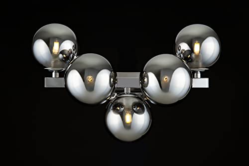 Modern Wall Light, Multi arm, Unusual & Unique, Loft Industrial Design, Metal Silver Frame, 5 Grey Toned Glass lampshades, 5 Lights G9 28W 220-240V, Bulbs not Included