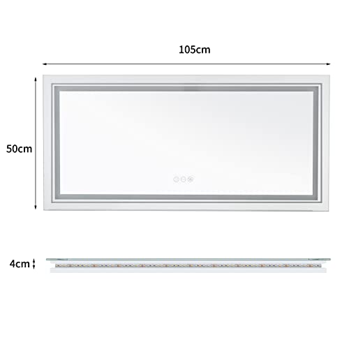 LUVODI 1050x500mm LED Bathroom Mirror: Illuminated Wall Mounted Vanity Mirror with Anti-fog Touch Button Double Lighting Backlit Mirror for Makeup Shaving Dressing, Horizontal or Vertical