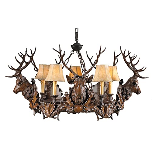 RAGGZZ 6-Lights American Country Resin Hall Hanging Lamp Retro Fabric Deer Head Chandelier E27 Wrought Iron Light for Living Room Study Villa Restaurant Cbar