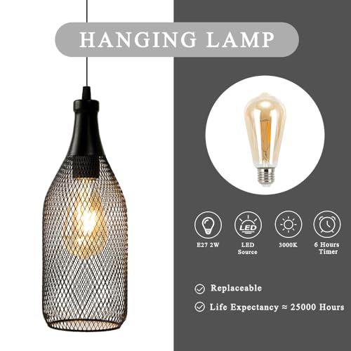 JHY DESIGN Pendant Lamp Battery Powered with 6-Hour Timer, Decorative Hanging Lamp Metal Cage Industrial Retro Light Battery Lamp for Bar Home Bedroom Coffee Hallway Pathway Balcony Xmas Gift
