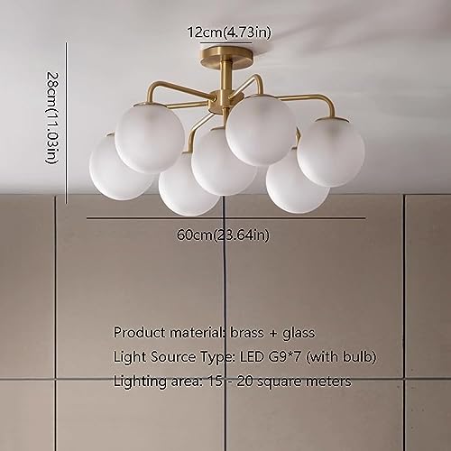 RAGGZZ 7 Light Modern Brass Gold Ceiling Light with Globe Frosted Glass Vintage Antique Semi Flush Mount Ceiling Light Fixture White Ball Bubble Chandelier for Dining Room Living Room Bedroom