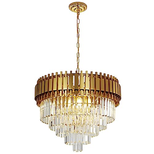 Luxury Crystal Pendant Light Golden Crystal Chandelier Lights 5-Tier Raindrop Chandelier Light Fixture Flush Mount Ceiling Light for Dining Room Living Room Table Foyer,D60cm*H100cm E14x8 LED lights…