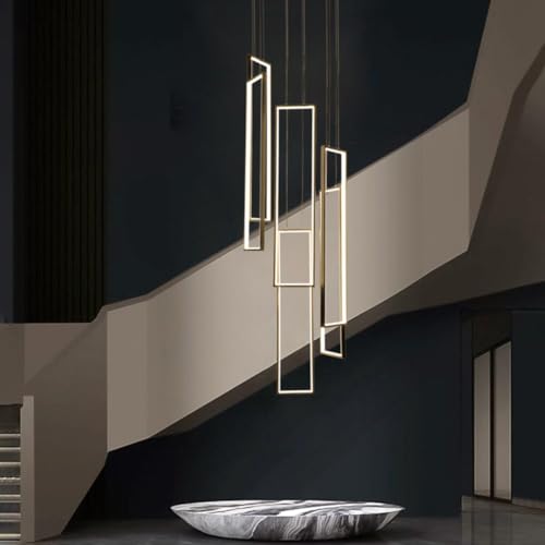 PANNN Pendant Light LED Dimmable Modern Chandelier with Remote Control Adjustable Height 230W Long Staircase Chandelier High Ceiling Light Fixture for Foyer Hotel, 6 Rings Rectangle Chandelier, Black