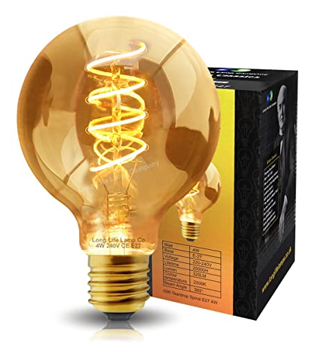 Long Life Lamp Company Retro Vintage Globe LED Warm White 4w Edison Style Spiral Filament Bulb Smoked Gold Glass G95 Teardrop E27, EG95TD4W