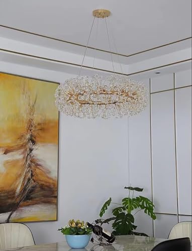 JAMJII Modern Crystal Dandelion Chandelier, D24'' Large Silver Ring Ceiling Pendant, Crystal Chandelier for Bedroom, Living Room, Dining Room,12 Lights,Gold