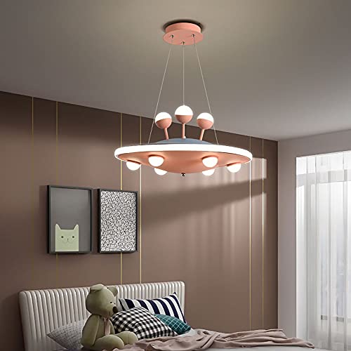 Children's Room LED Dimmable Pink Cartoon Spaceship Chandelier Creative Boy Girl Princess Bedroom Flush Mount Pendant Light Modern Kids Room Eye Protection Ceiling Fixture (Color : Blue) (Pink )