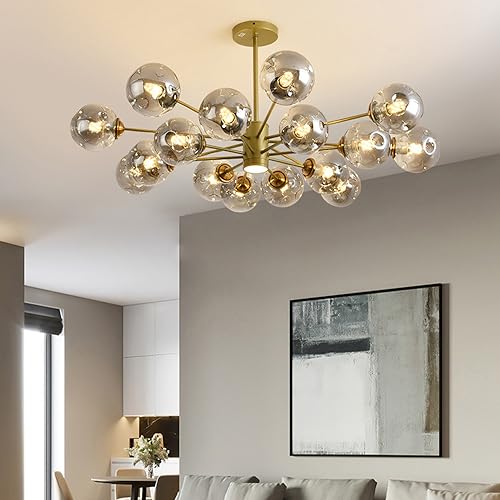 ISSPTYB Gold Bubble Glass Chandeliers for Dining Room Vintage Industrial Sputnik Chandeliers with LED Spotlight Smoke Gray Ball Farmhouse Ceiling Pendant Light for Kitchen Bedroom Living Room