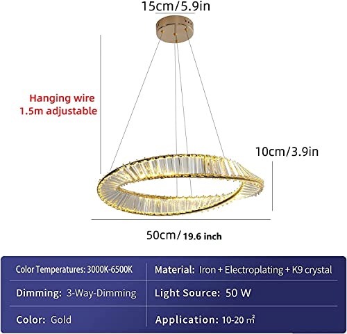Oninio Modern Crystal Chandelier,50W Golden LED Pendant Light, Dimmable Hanging Light Fixture Adjustable Height for Dining Room, Kitchen Island, Bedroom Living Room