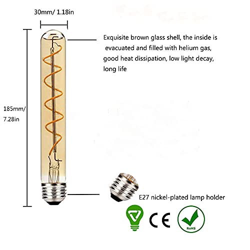 T30 E27 Filament LED Bulbs Warm White 2200K, 185mm Long Tube LED Bulb Edison Retro Vintage Decorative Tube Light Bulbs E27 4W(Replace 40W Screw Halogen Bulb) AC 220-240V 2Pack