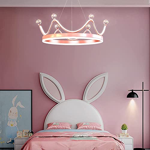 ISSPTYB 20 Inch Pink Kid Chandeliers for Girls Bedrooms LED Dimming Round Chandelier Light Modern Gold Light Fixture Crown Ceiling Pendant Light Chandelier for Dining Room Children Living Room