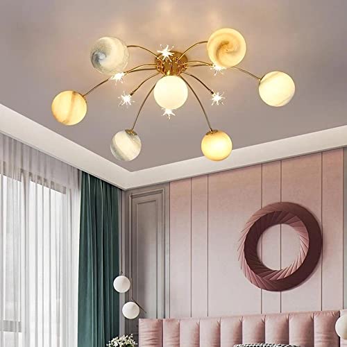 MayNuo Nordic Creative Led Space Planet Ceiling Chandeliers Kids Room Bedroom Flush Mount Ceiling Lamps Warm and Romantic Glass Lustre Decor Ceiling Lighting Fixture/Tricolour Light