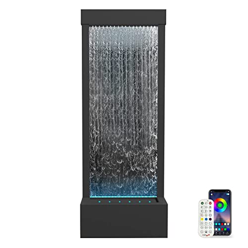 LONGRUN Indoor Mirror Waterfall Fountain, 120cm Tall Home Decor Floor Standing Fountains with APP Controlled Multicolor LED Light, Large Freestanding Water Features for Outdoor Garden - Black