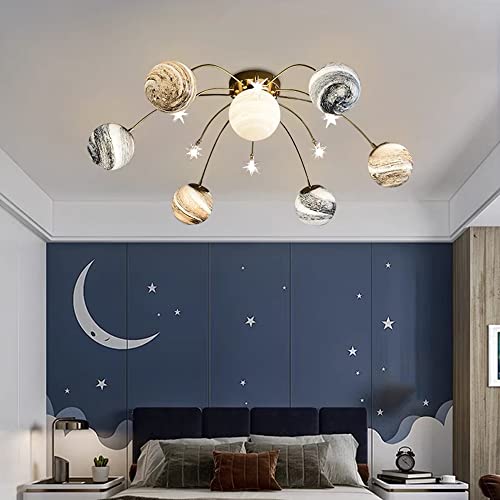 MayNuo Nordic Creative Led Space Planet Ceiling Chandeliers Kids Room Bedroom Flush Mount Ceiling Lamps Warm and Romantic Glass Lustre Decor Ceiling Lighting Fixture/Tricolour Light